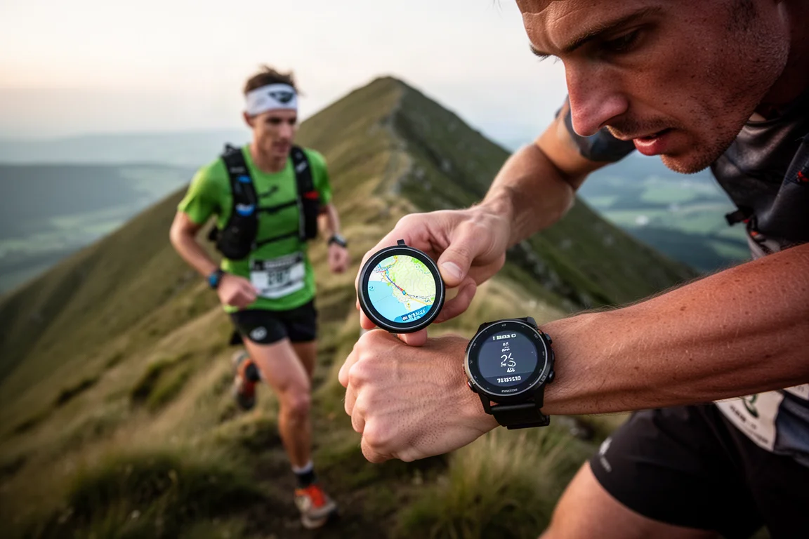 Un coureur suit un itinéraire cartographié sur l'écran de sa montre lors d'une course vallonnée