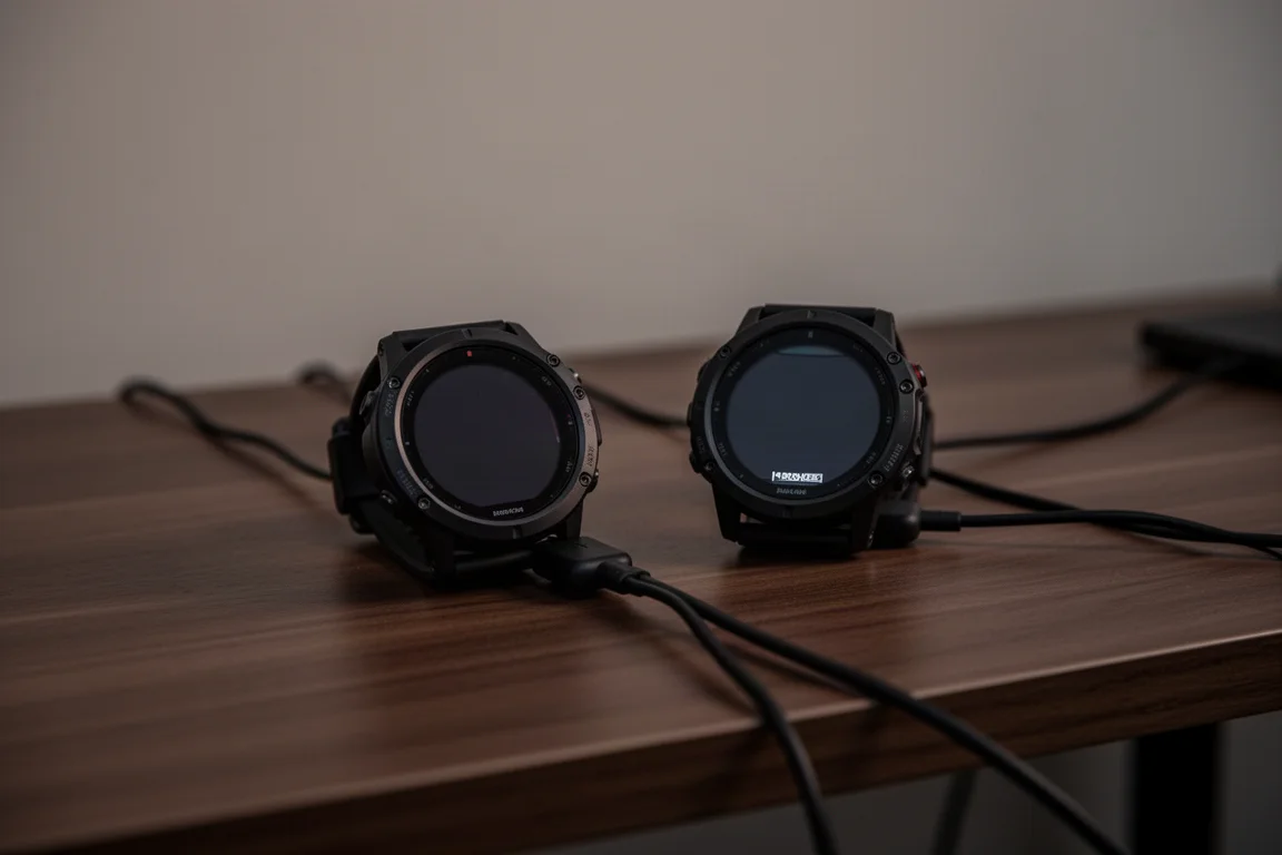 Deux montres de course en charge sur un bureau en bois la nuit