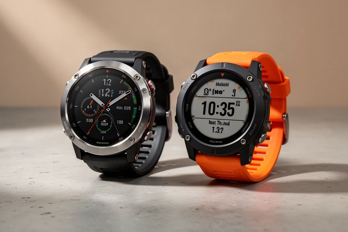 Two rugged multisport GPS running watches side by side on a concrete surface
