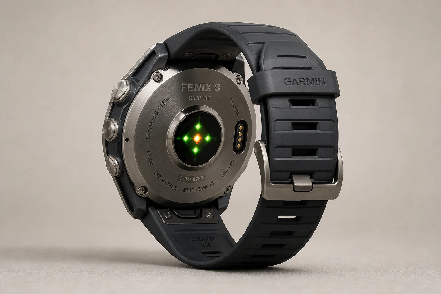 Sammlung von fünf Garmin Sportuhren auf einer Oberfläche aus gebürstetem Aluminium