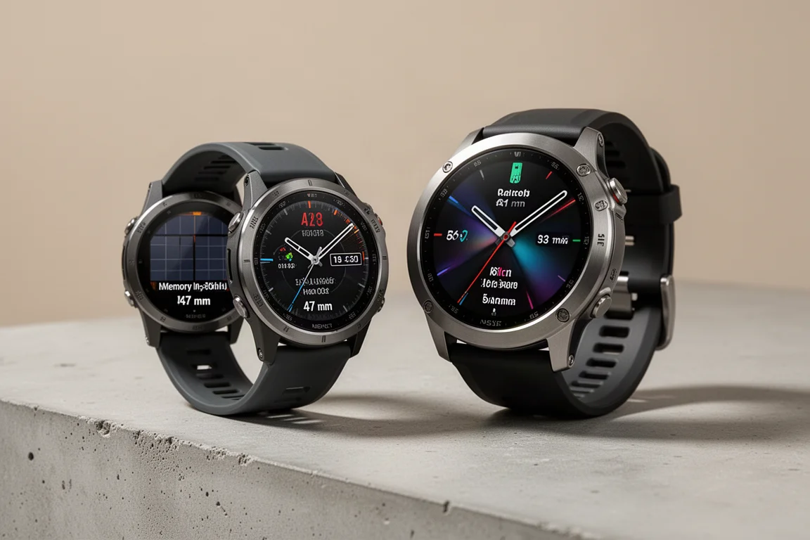 兩款 Garmin Fenix 9 GPS 手錶並排擺放，一款為太陽能版，一款為鈦金屬 AMOLED 版