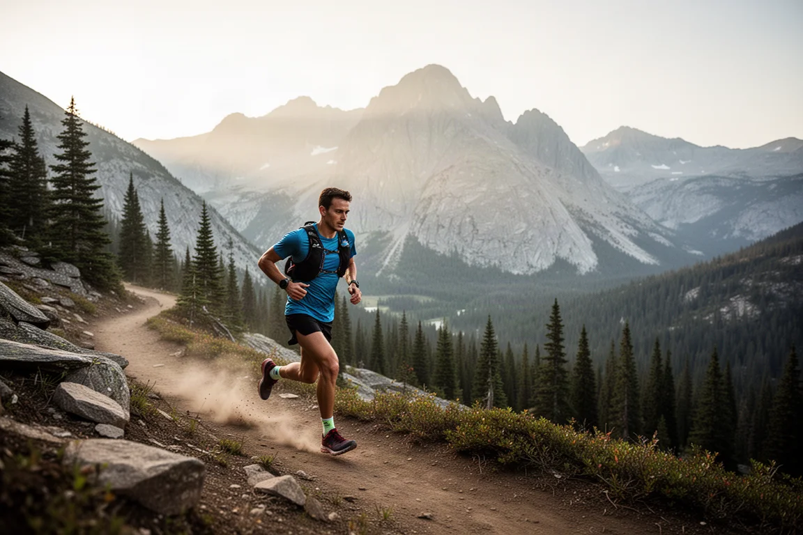 Trail runner su un sentiero di montagna sopra Chamonix con vette nella soffice luce del mattino