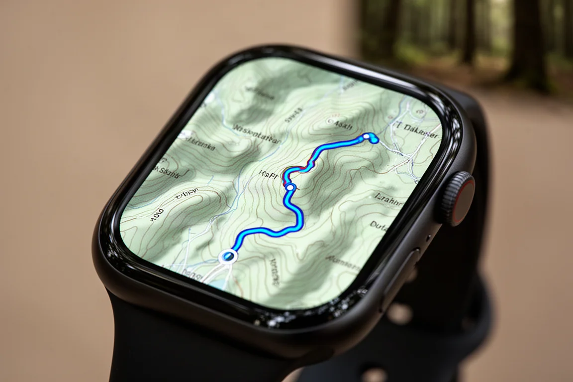 Primo piano di un grande display AMOLED di uno smartwatch con una dettagliata mappa del sentiero