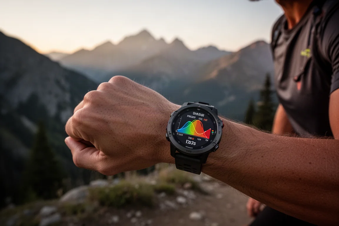 Runner che controlla una metrica di allenamento da polso su uno smartwatch al tramonto