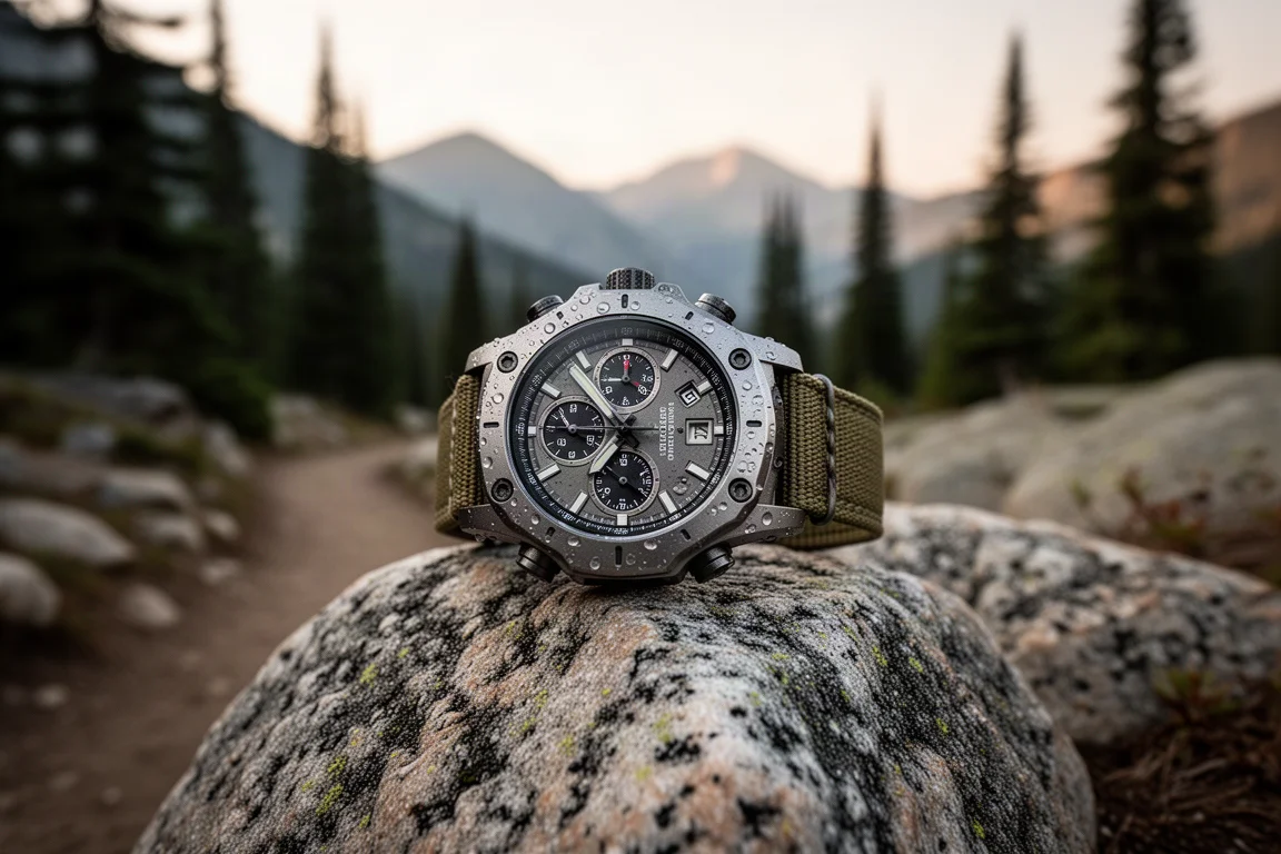 Robusto orologio da avventura in titanio appoggiato su una roccia di granito accanto a un sentiero