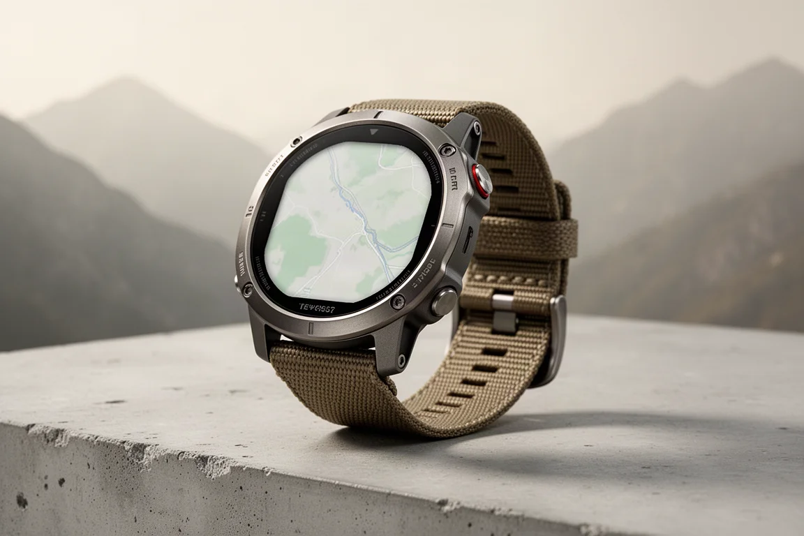 Large titanium adventure watch with bright AMOLED display on concrete