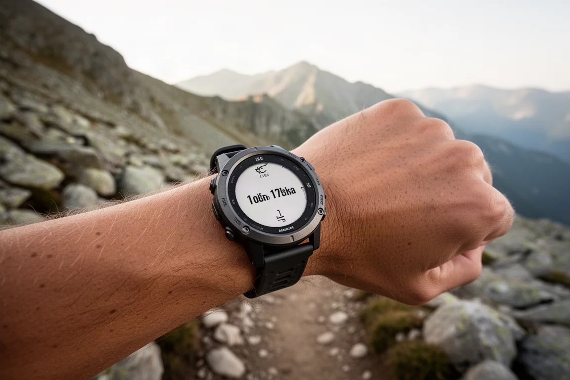 Senderista con un robusto reloj deportivo GPS en un camino de montaña bajo un sol intenso