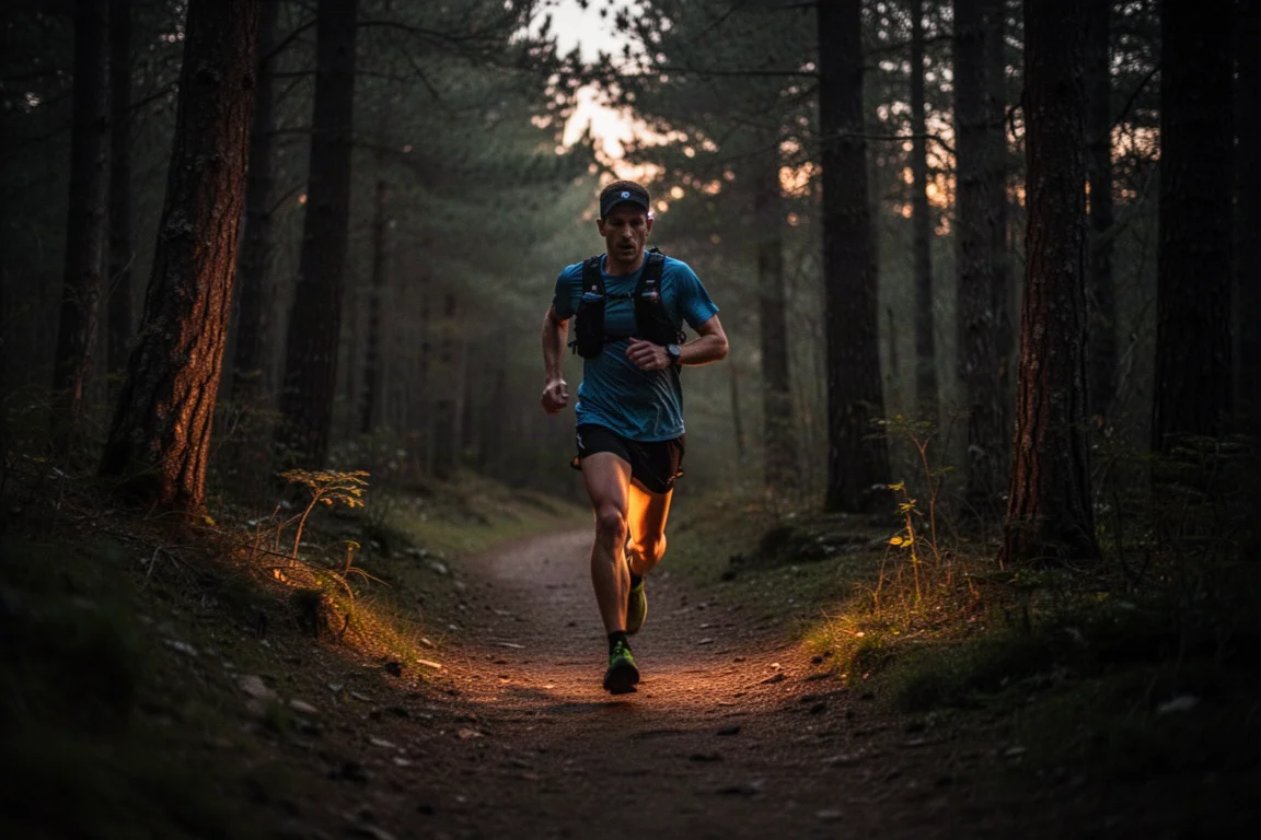 Corredor de trail con frontal avanzando por un sendero forestal oscuro al atardecer