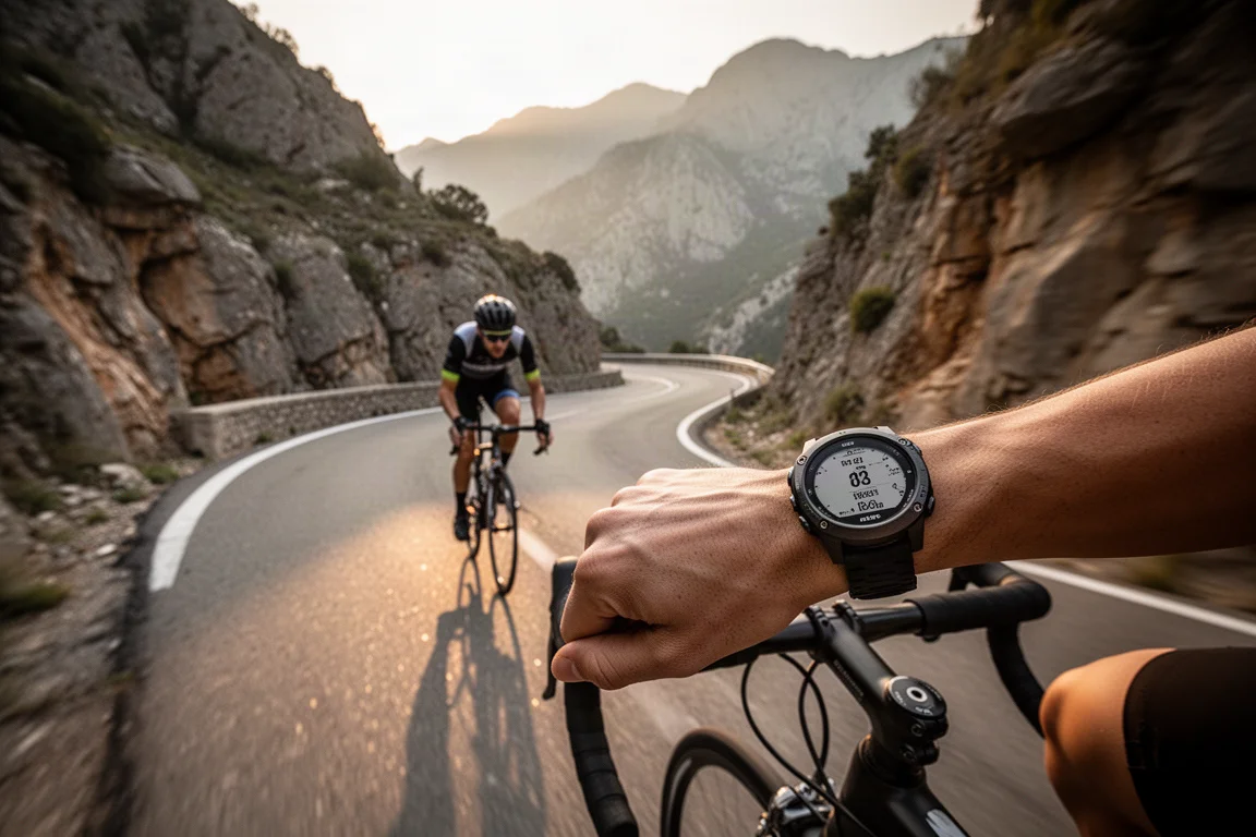 Ciclista descendiendo horquillas de montaña con un reloj GPS en el manillar de una bicicleta de carretera