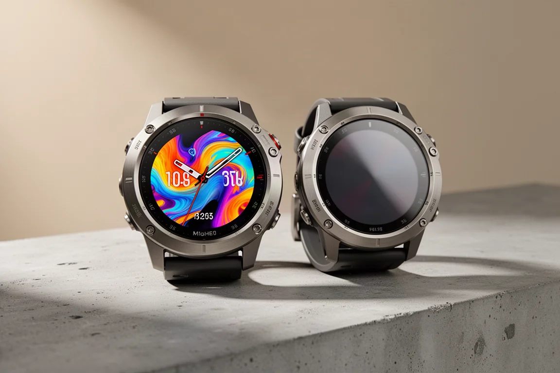 Two Garmin Fenix 9 smartwatches with round displays on a concrete surface