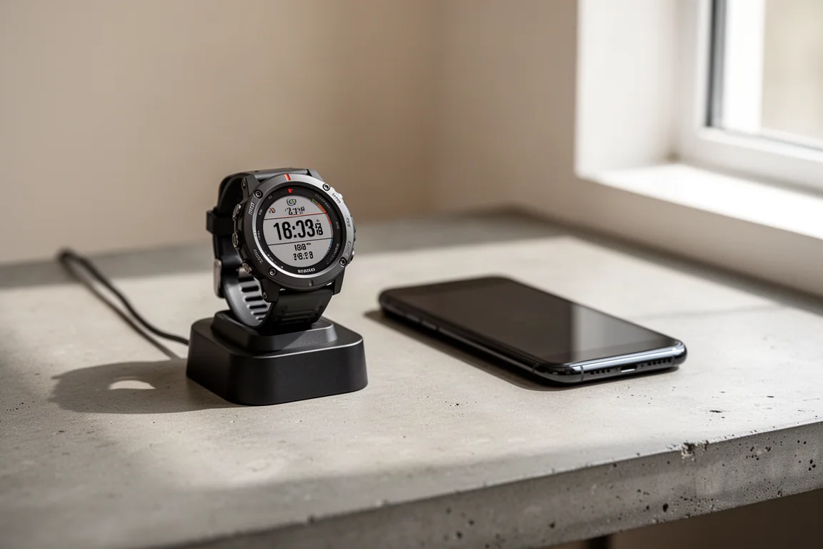 Multisport-GPS-klocka som laddas på ett skrivbord bredvid en smartphone