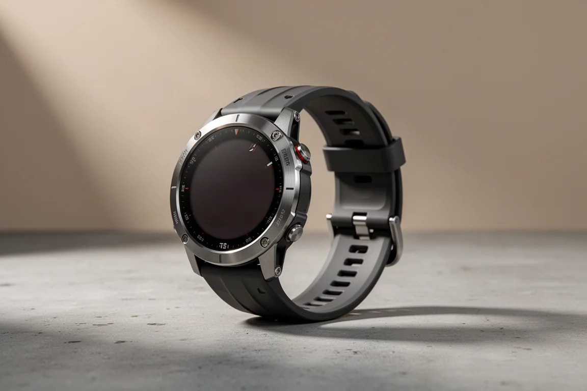 Garmin Fenix E multisport GPS watch with AMOLED display on a concrete surface