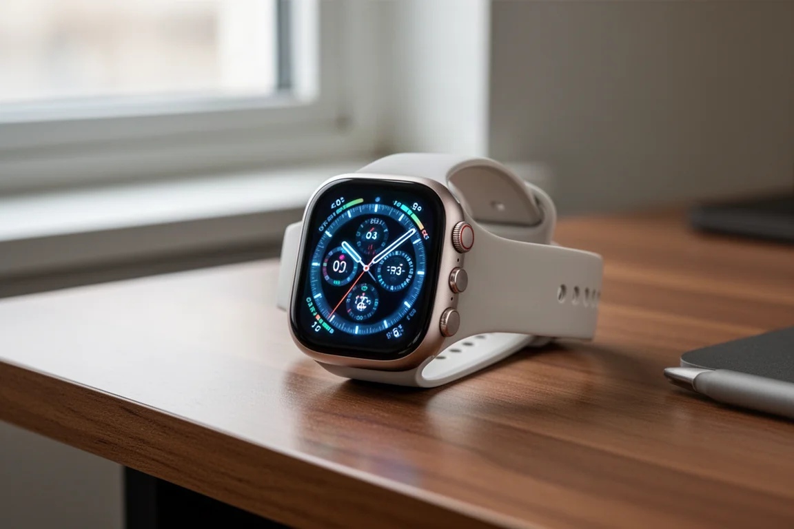 Montre de running GPS compacte au poignet lors d'une course tôt le matin