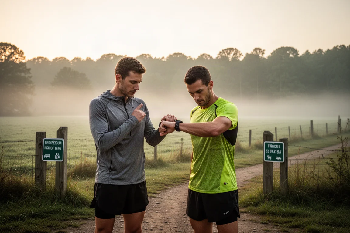 Coureur consultant les données d'allure et de fréquence cardiaque en pleine course
