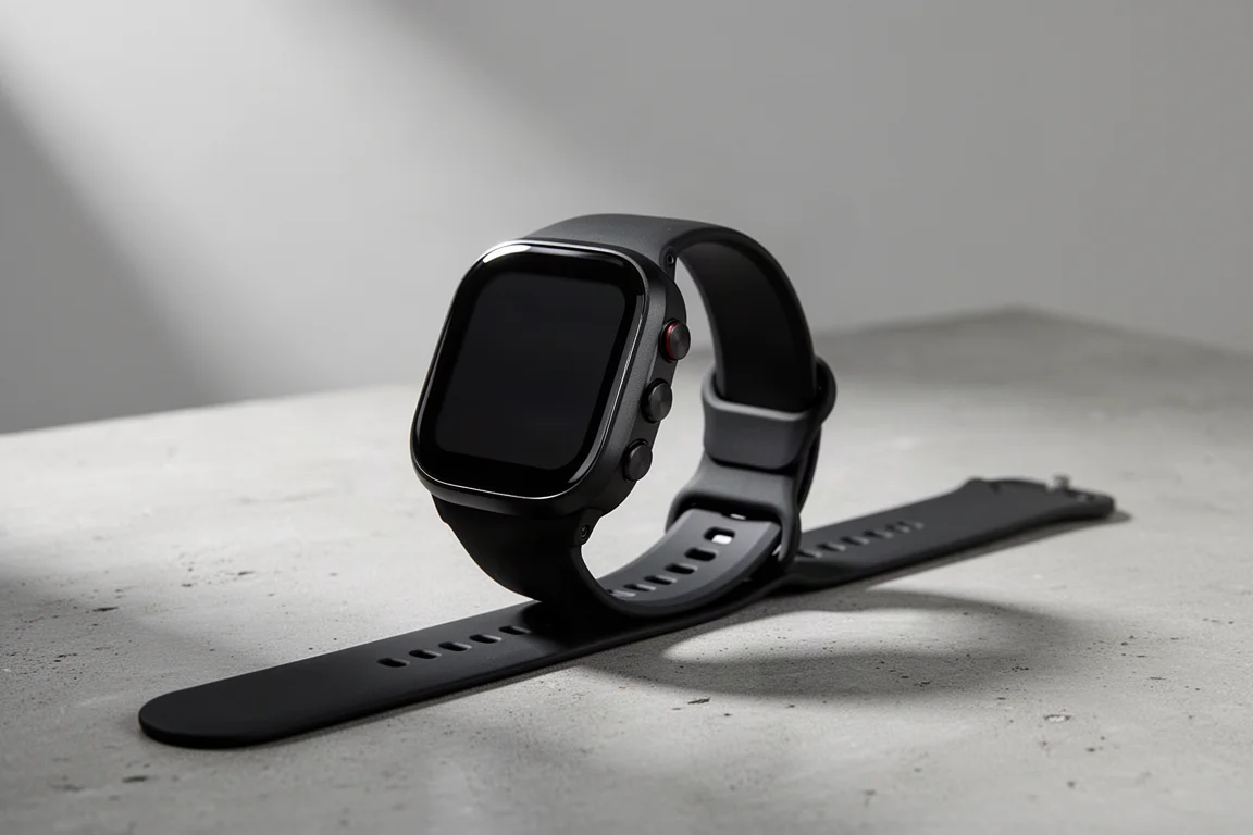 Black Garmin Forerunner 165 sports watch with AMOLED display on concrete surface