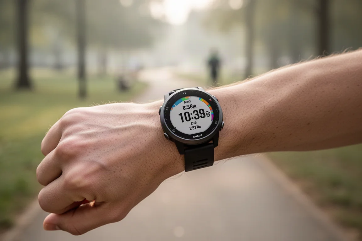 Un coureur vérifiant une montre GPS sportive au poignet avant une course matinale