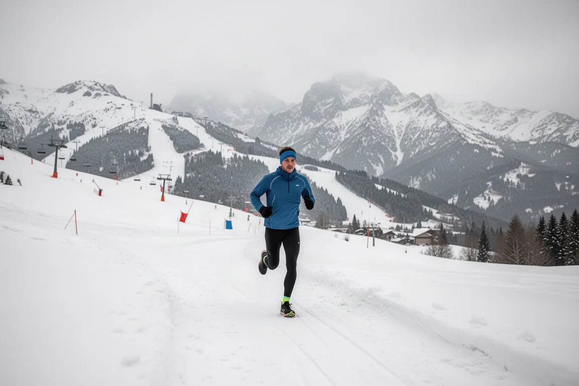 Un coureur progressant sur un sentier alpin enneigé pendant un entraînement hivernal