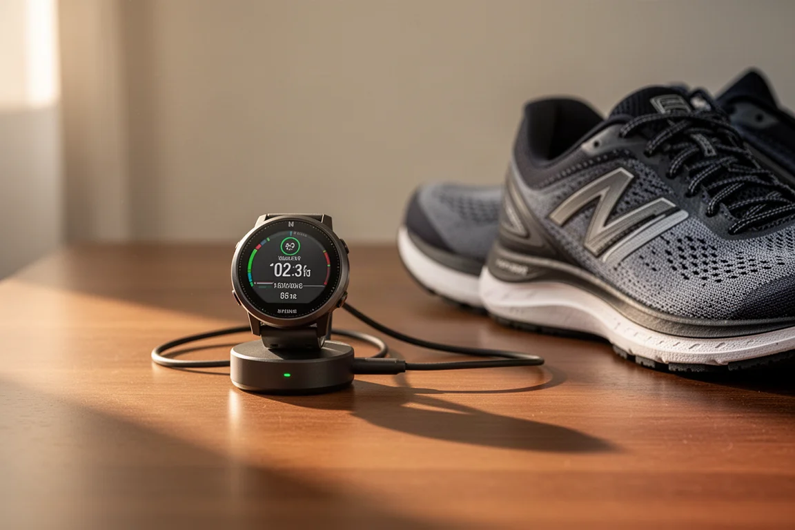 Une montre sportive en charge sur un bureau à la fin d'une semaine d'entraînement