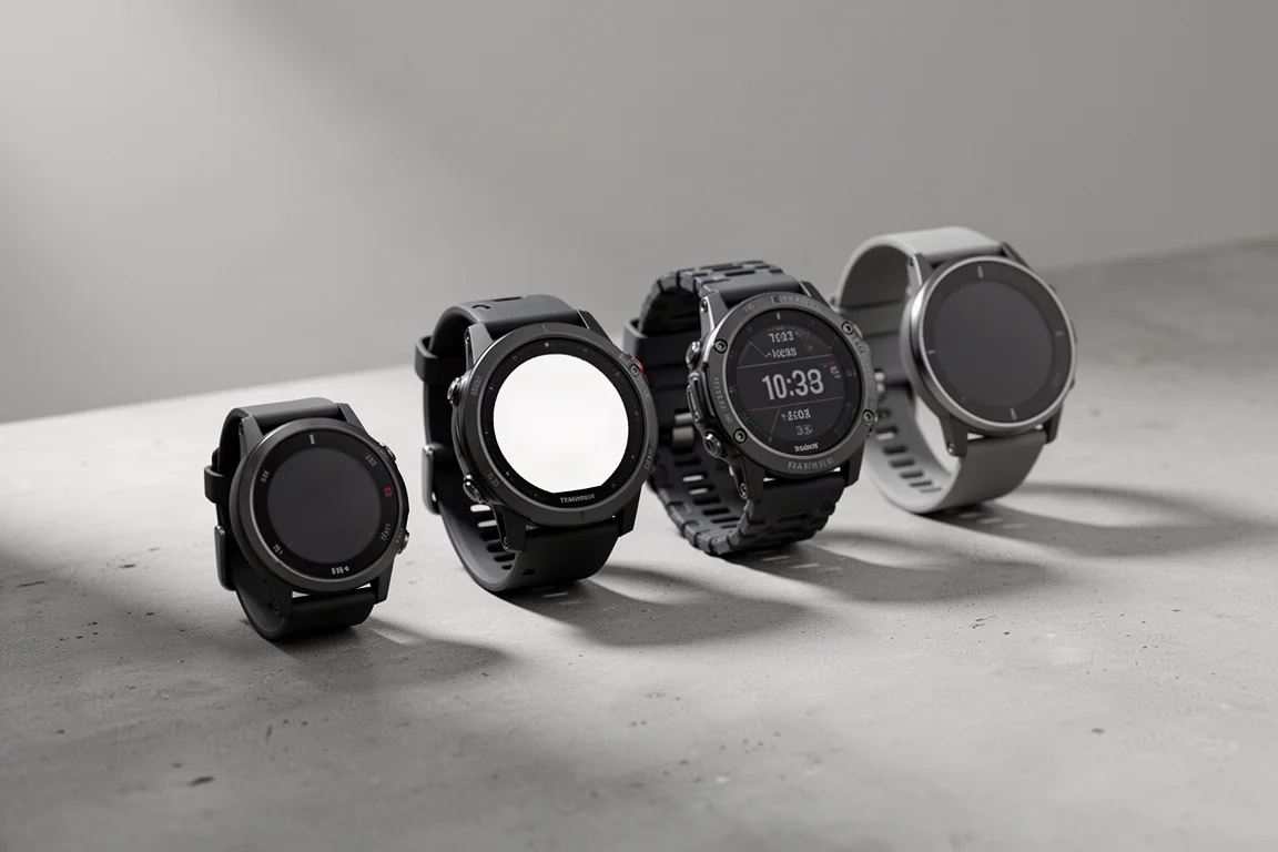Four GPS running watches arranged in a row on a concrete surface