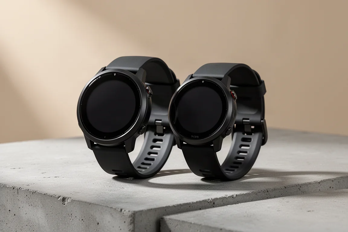 兩隻 Garmin Forerunner GPS 運動錶並排放在水泥表面上