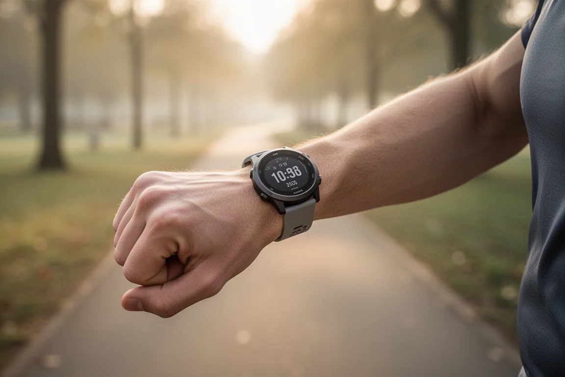 Runner checking a lightweight running watch before starting a training session