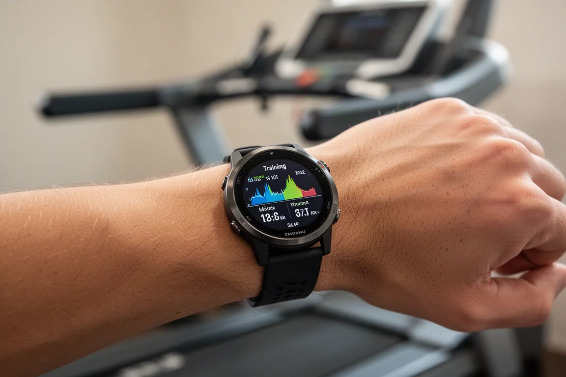 Running watch screen showing battery and training data during a workout