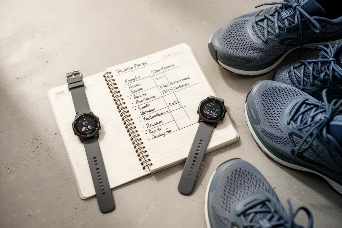 Runner following a training plan on a sports watch interface