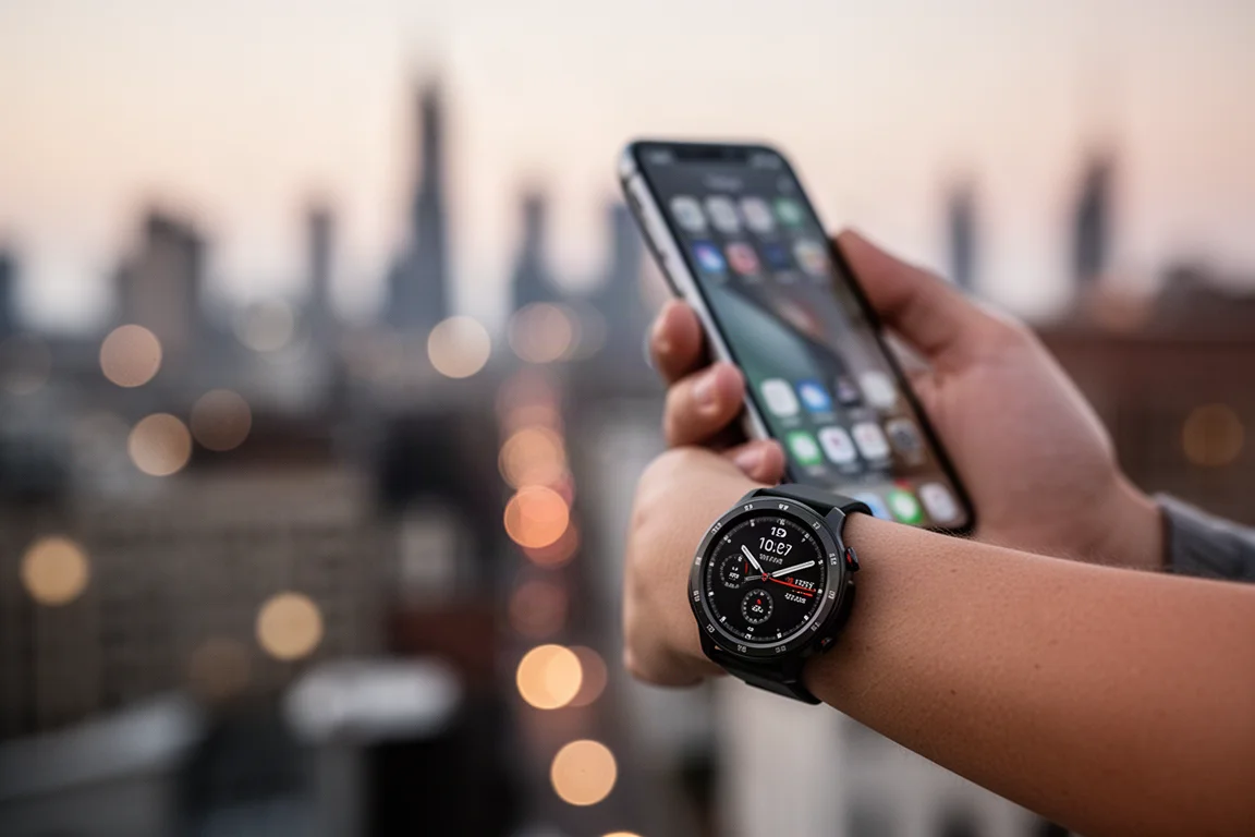 Commuter wearing a running watch while managing phone notifications