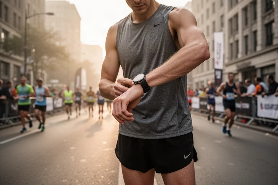 Biegacz zatrzymujący się o świcie przy strefie startu maratonu, patrząc na zegarek