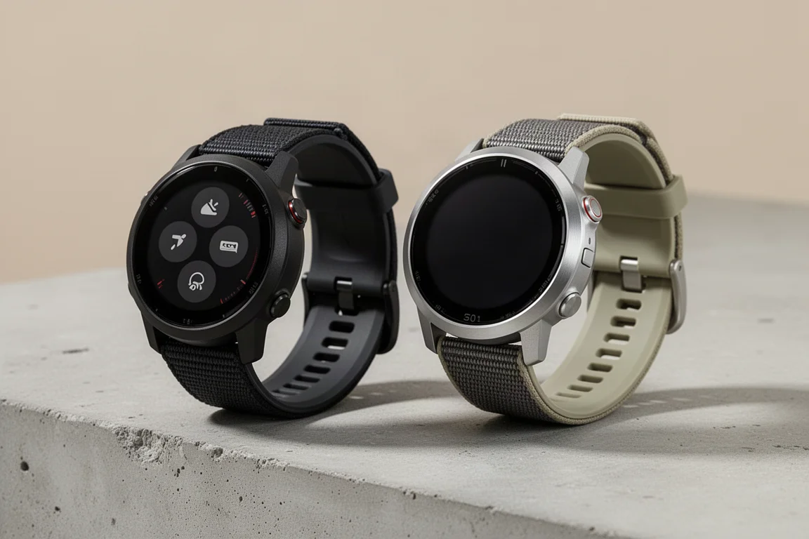 Garmin Forerunner 165 and Suunto Run running watches side by side on concrete