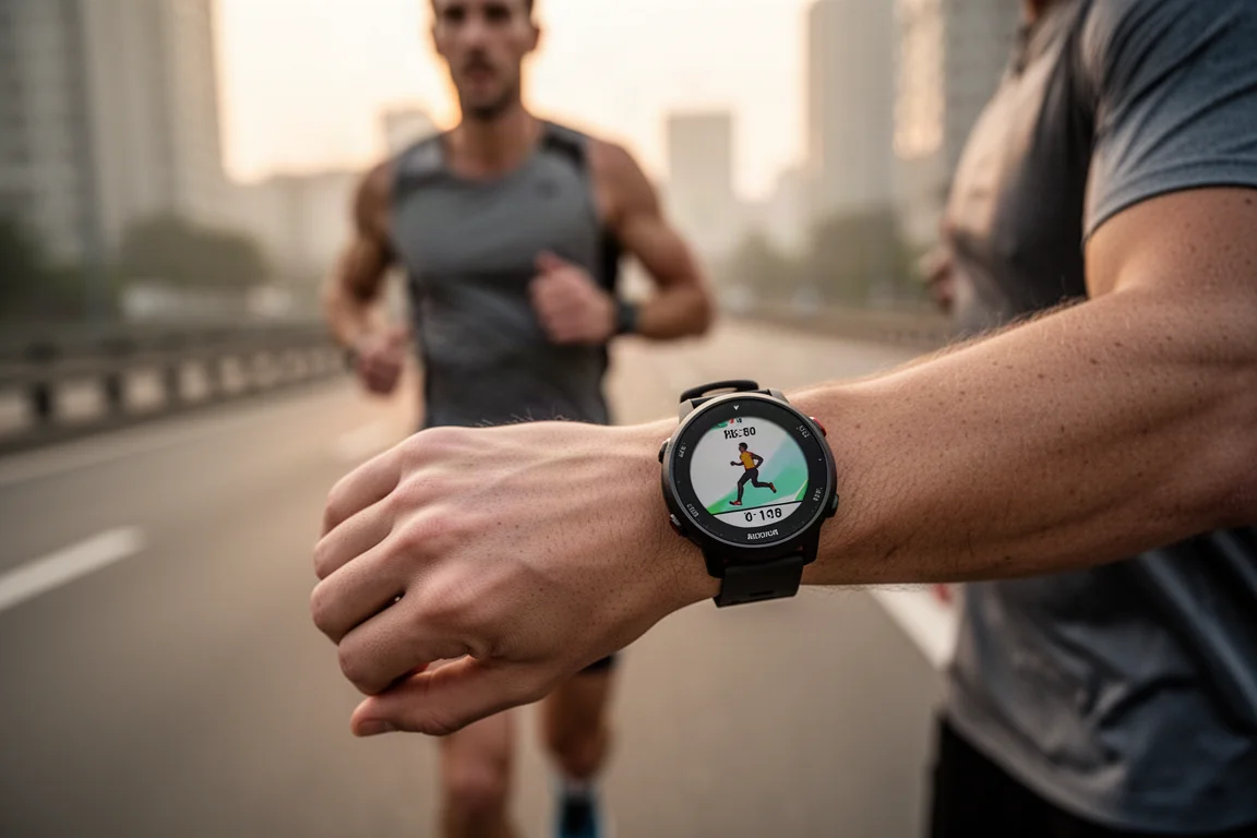 Corredor conferindo um pequeno relógio GPS durante uma corrida no início da manhã