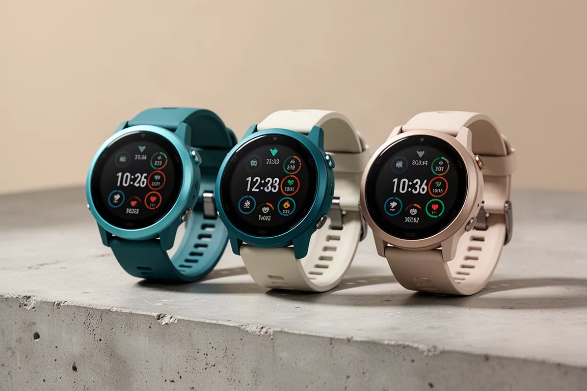Three Garmin Forerunner running watches arranged on a concrete surface