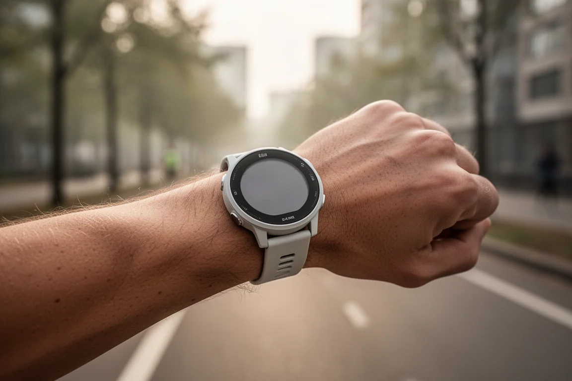 Un coureur vérifiant une montre GPS légère lors d'une course urbaine tôt le matin