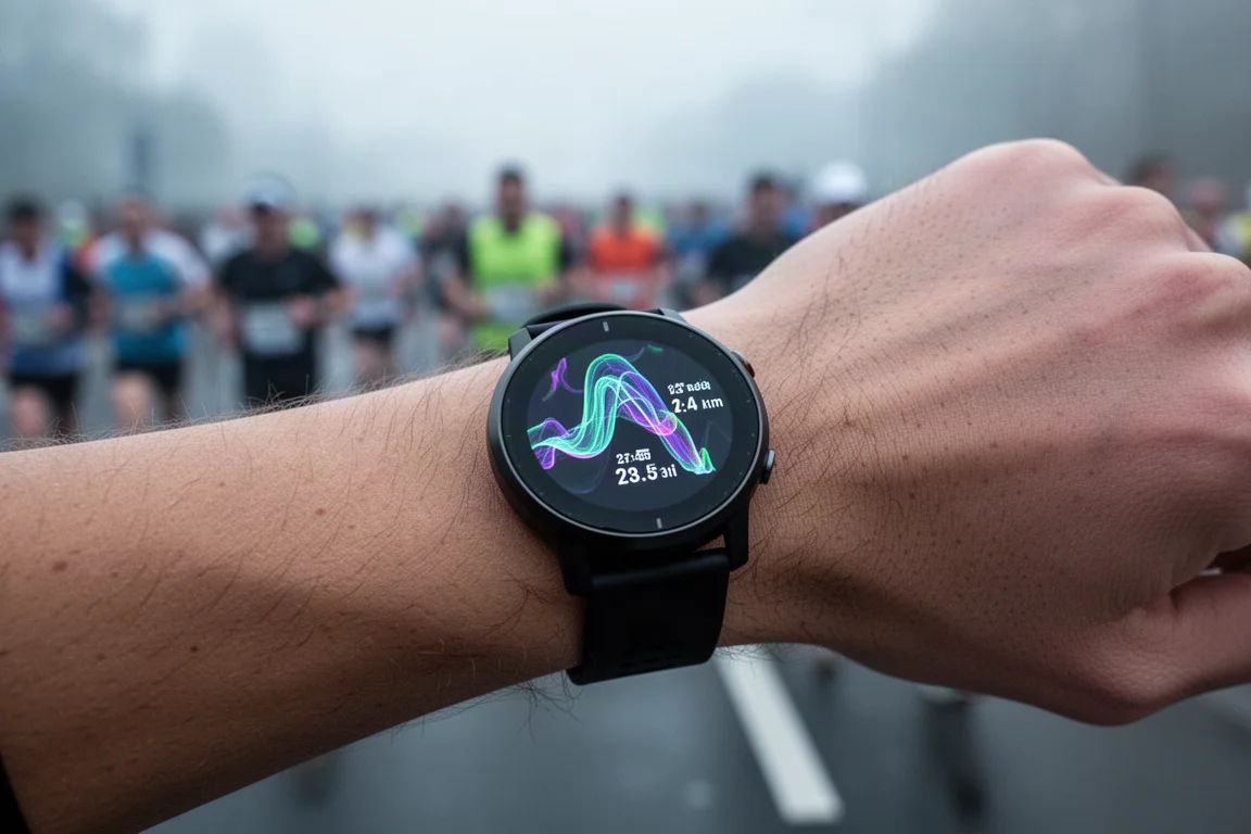 Écran d'une montre GPS affichant les statistiques de course pendant un marathon
