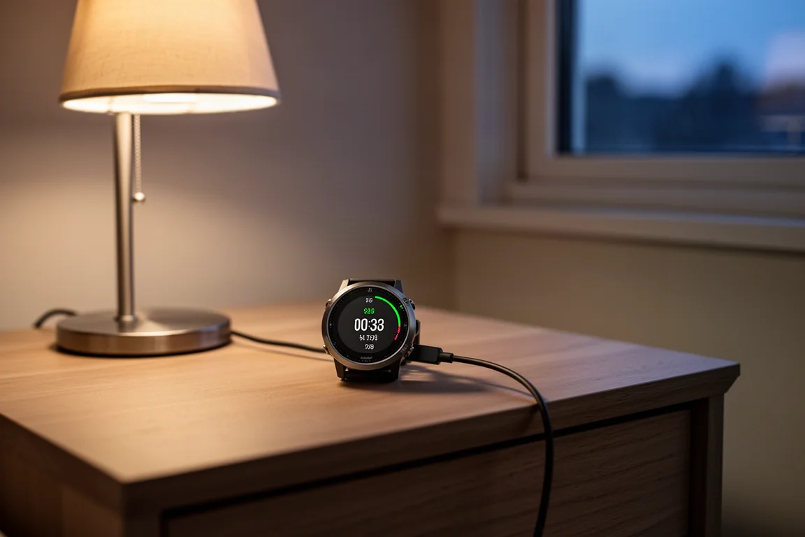 Montre GPS en charge sur une table de chevet la nuit