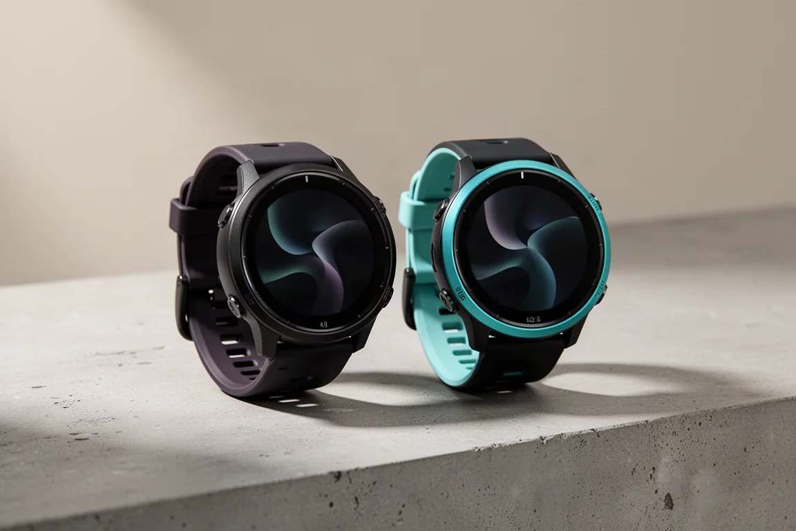 Two Garmin running watches with round AMOLED displays on a concrete surface
