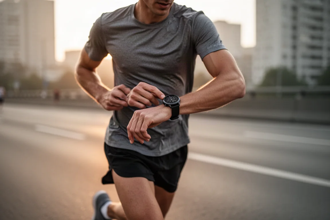 Runner checking a compact GPS watch during an early morning run