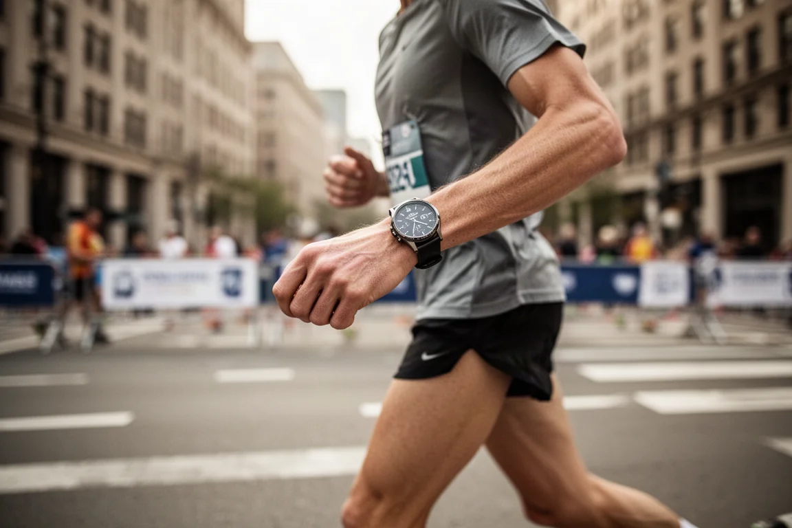 Runner finishing a road race through city streets