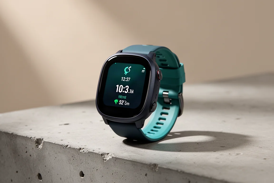 Kompakte Laufuhr im Garmin-Stil mit rundem AMOLED-Display auf Betonoberfläche