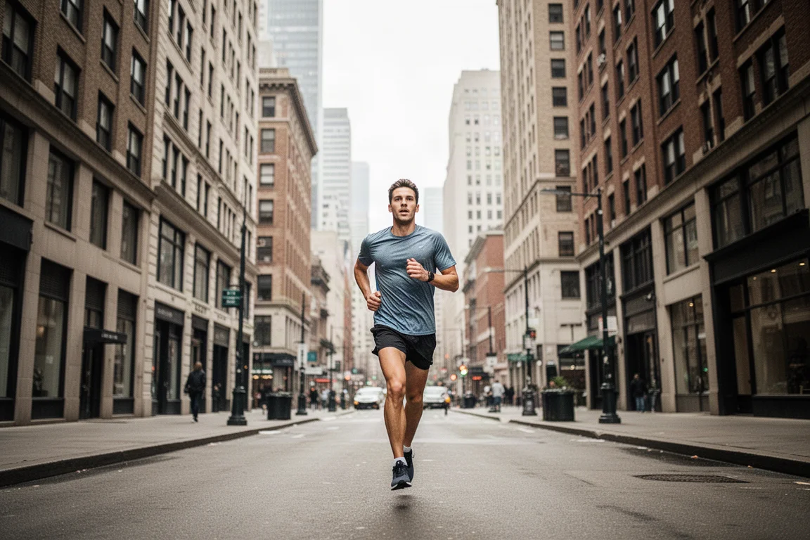 Un corridore attraversa un incrocio urbano trafficato, dove la precisione del GPS è importante