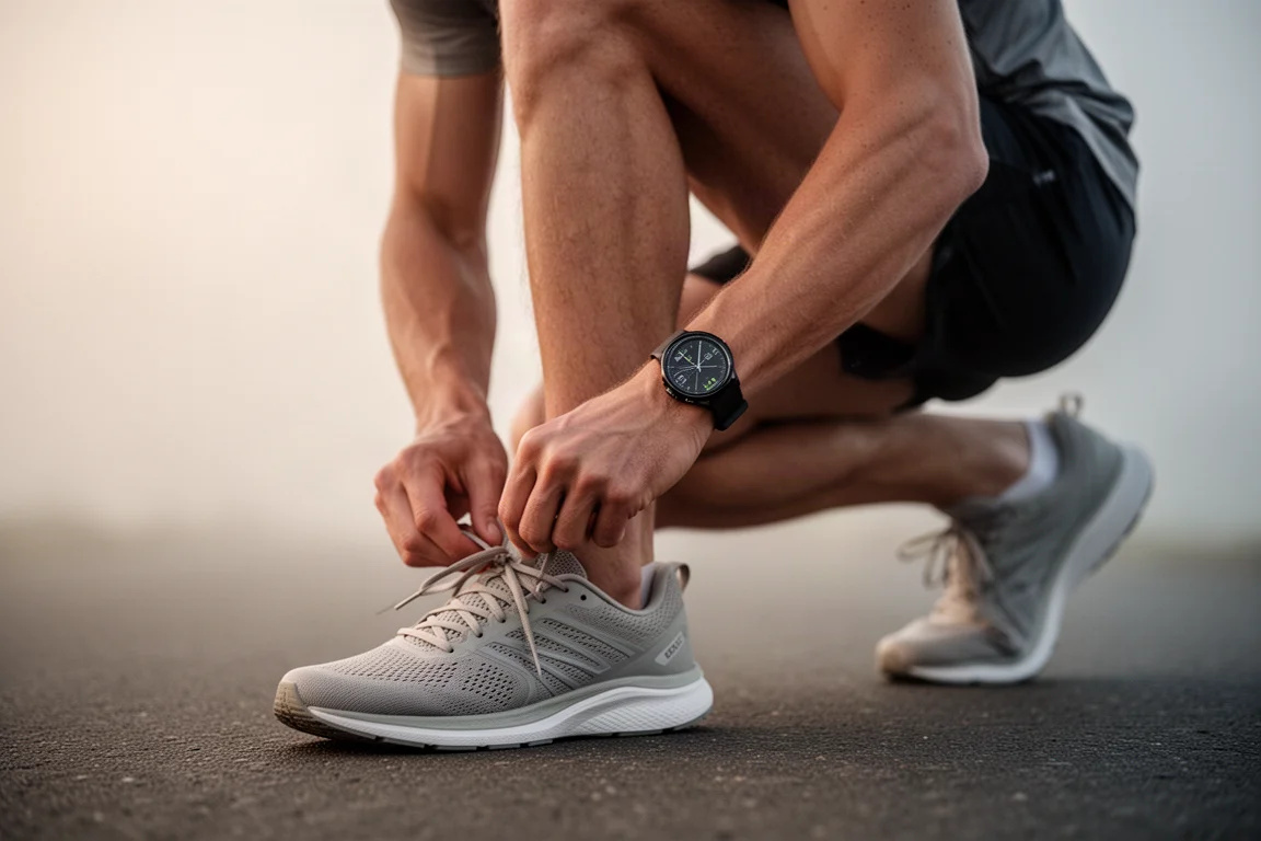 Un corridore si prepara per una seduta di allenamento la prima mattina