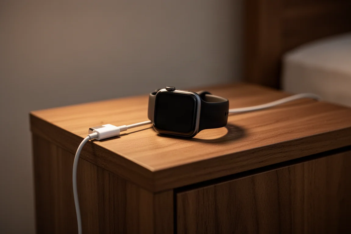 Cavo di ricarica e smartwatch su un comodino di notte