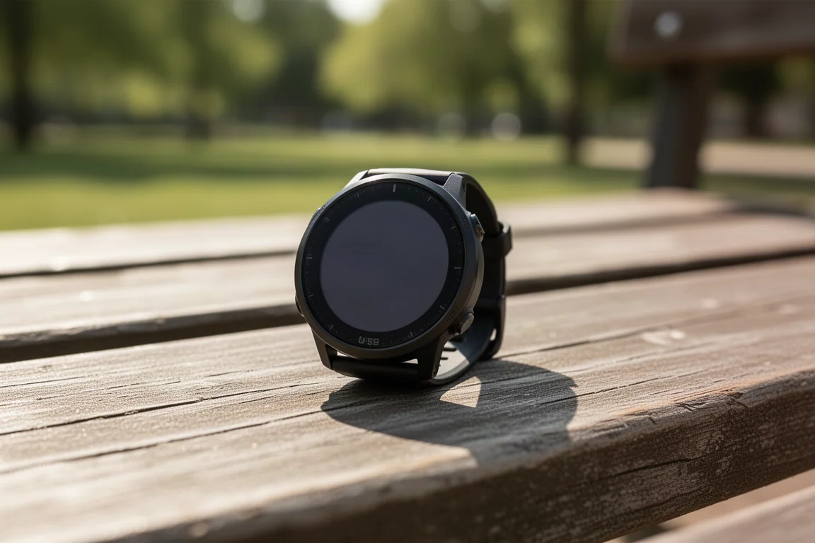Montre de running noire posée sur un banc en bois sous un soleil de midi éclatant