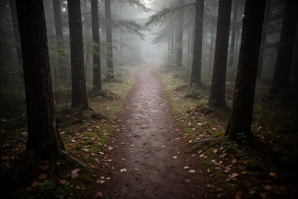 Sentier forestier brumeux au crépuscule vu du dessus, serpentant entre de grands arbres