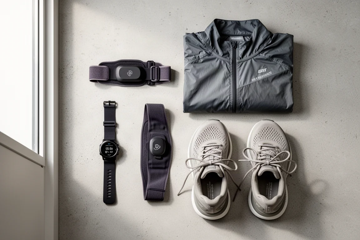 Vue à plat d'une montre de running, d'une sangle cardio, d'une veste et de chaussures sur du béton