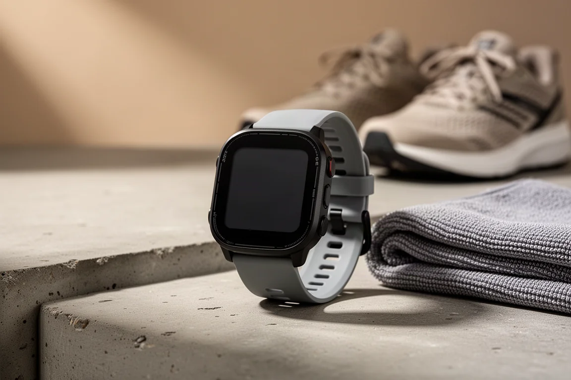 Black GPS running watch with grey silicone strap on a concrete surface
