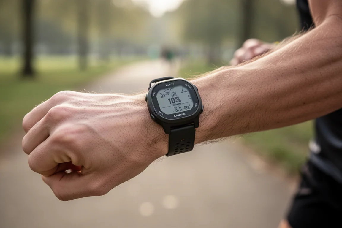 Corredor consultando un reloj deportivo GPS en su muñeca con luz suave de día