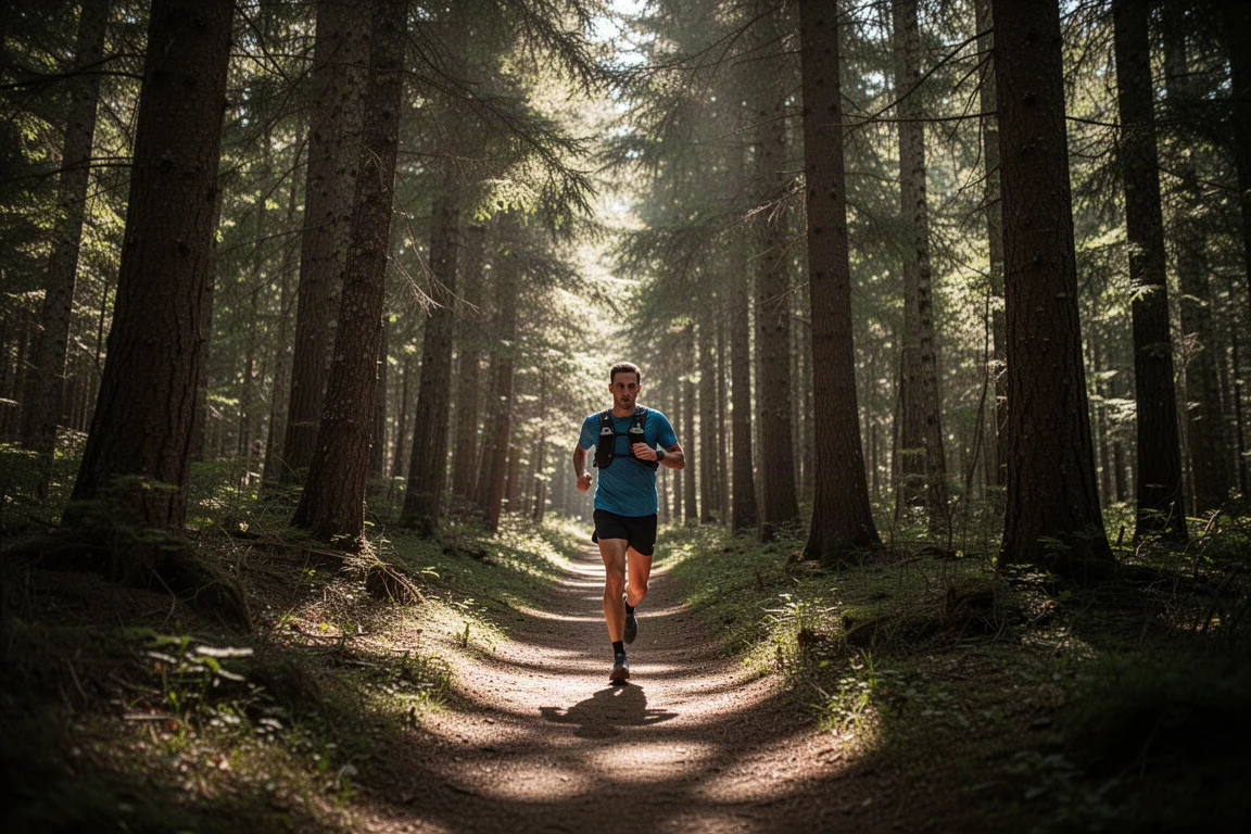 Corredor de trail avanzando por un sendero boscoso donde la señal GPS puede ser irregular
