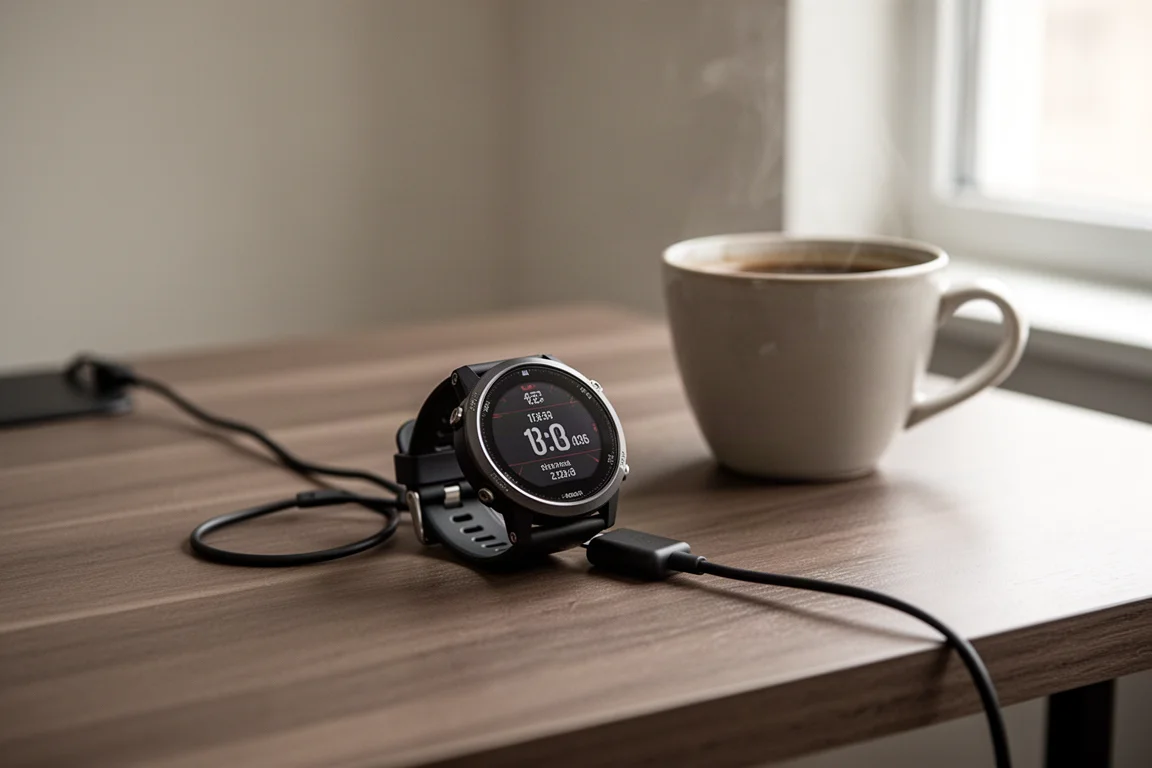 Reloj de running con GPS cargando sobre un escritorio junto a una taza de café con luz matutina