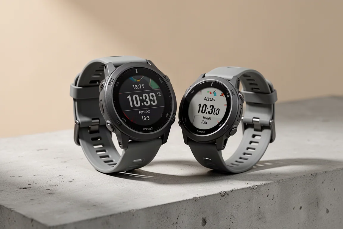 Two Garmin Forerunner running watches side by side on a concrete surface